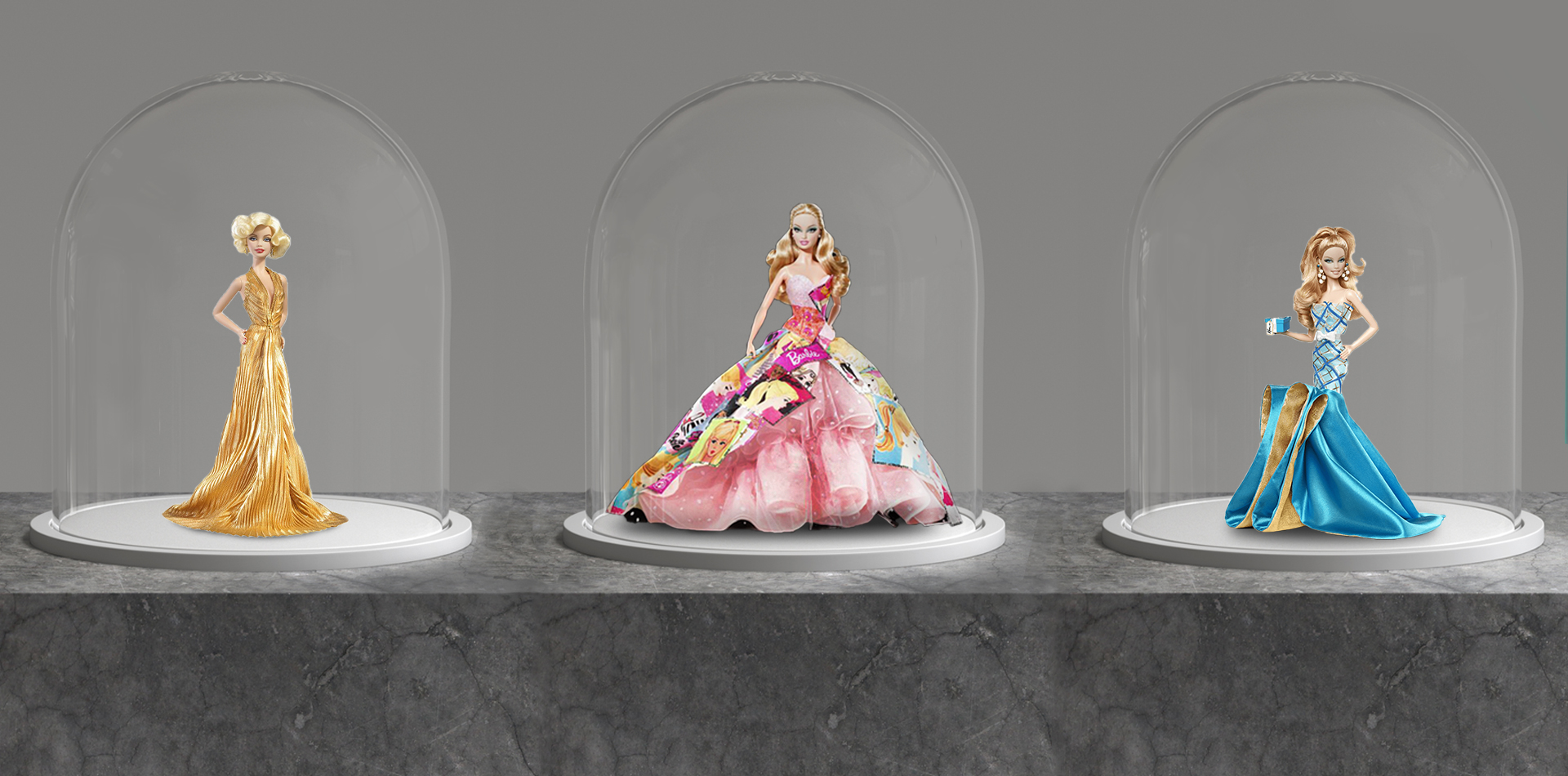 Barbie dolls in glass domes